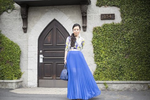 navy blue pleated maxi skirt